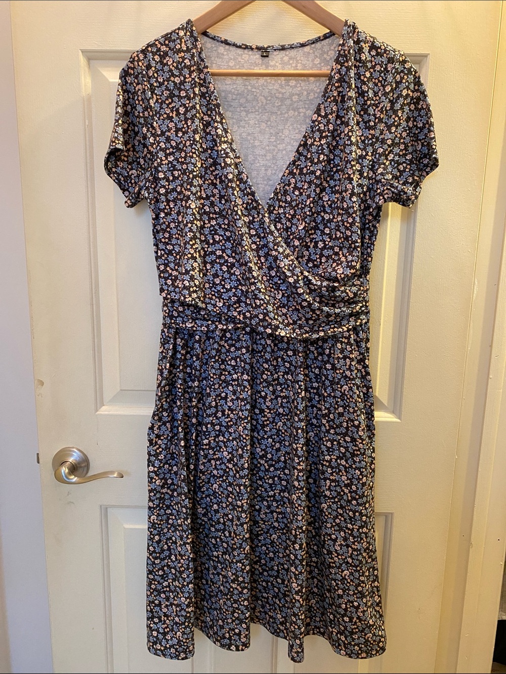 Nursing dress -Floral Wrap V-Neck Women's Dress - Navy with Pink & White Flowers